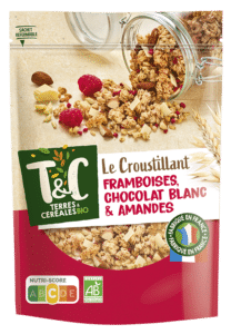 Le croustillant framboises, chocolat blanc et amandes