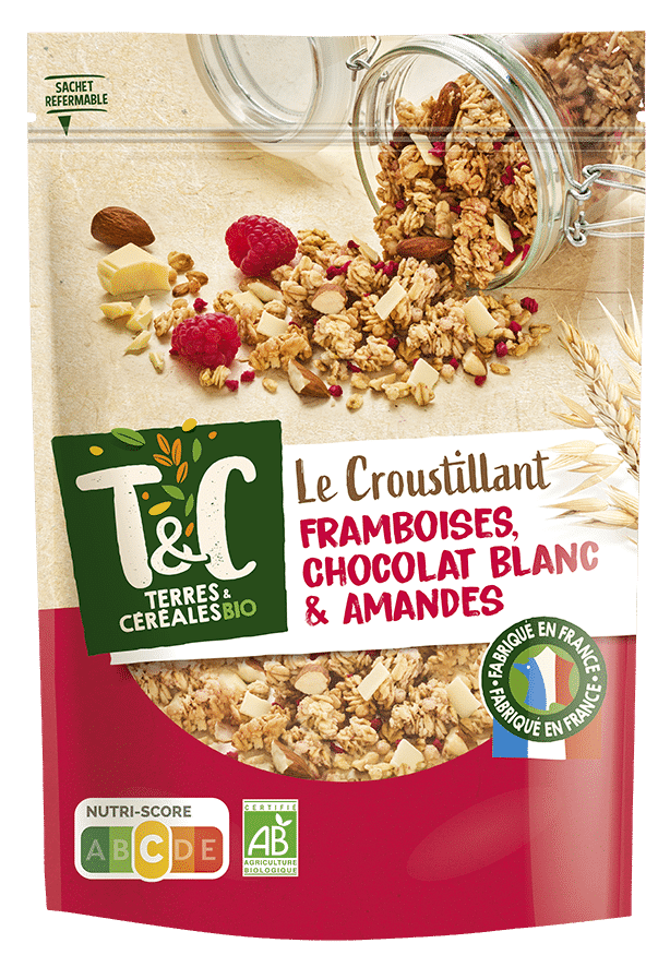Le croustillant framboises, chocolat blanc et amandes
